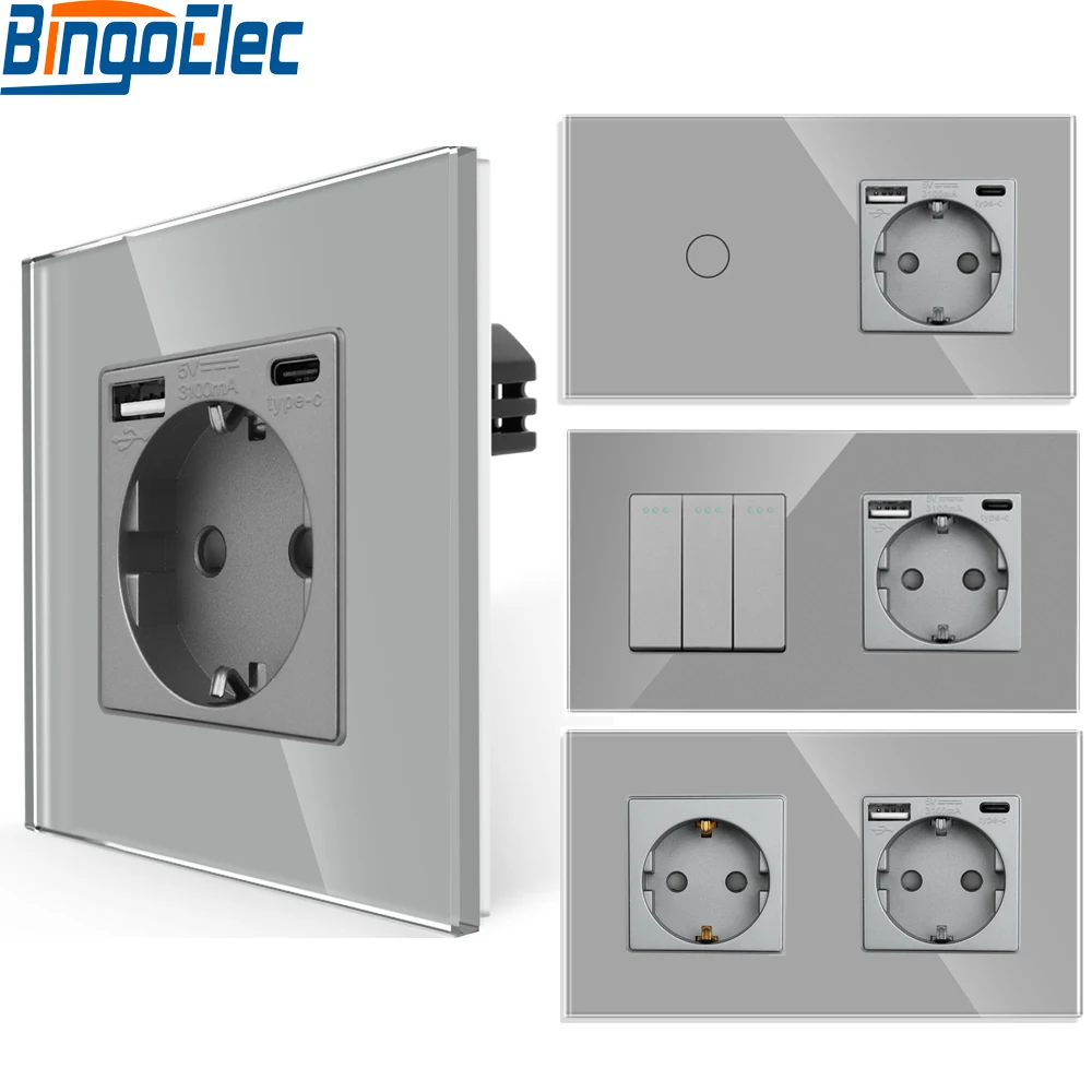 Bingoelec Interruptor de Luz de Parede Padrão da ue Painel de Vidro Cristal Cinza Tomada de Parede com Tomada Usb Tipo-c