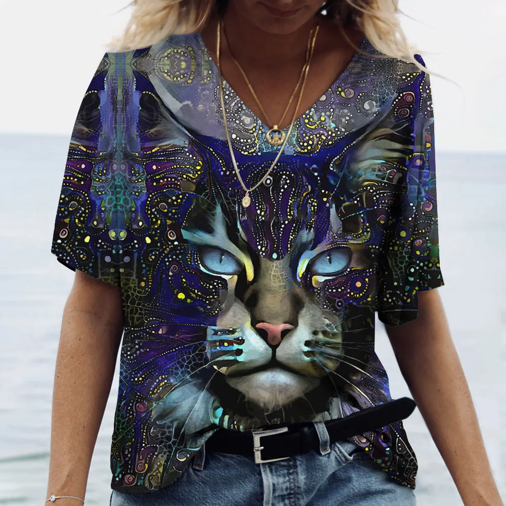 

V Neck Tshirt Women's Summer Casual Oversize Dazzle Color Cats Print Shirt Short Sleeve Top Vintage FemaleStreetwear Y2k Clothes