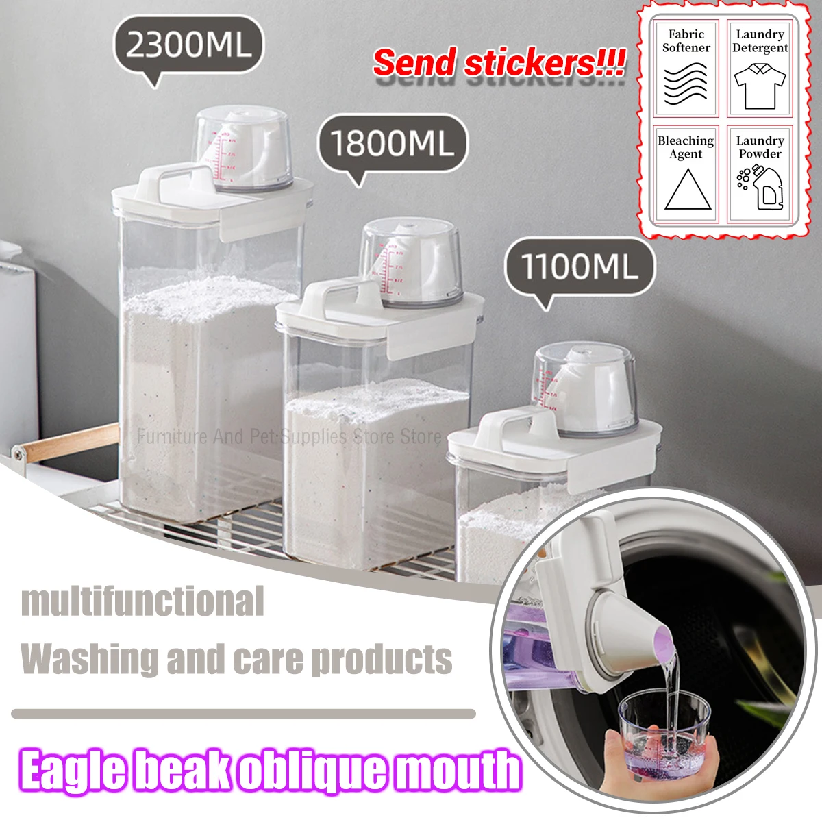 2300Ml Airtight Laundry Detergent Powder Storage Box Container Lids Grain Storage Jar Bleach Container Labels