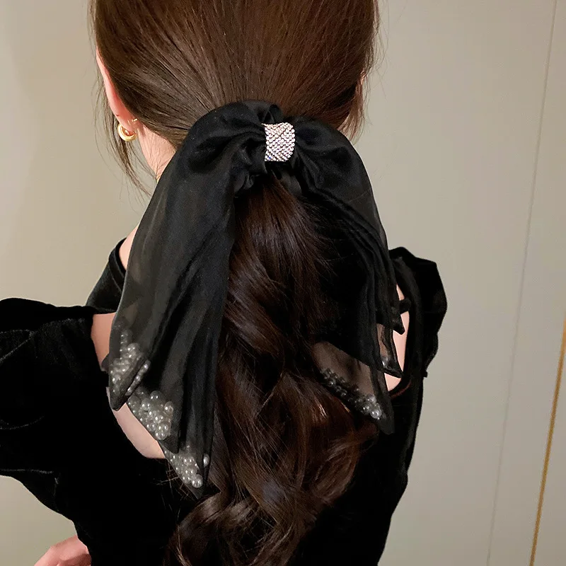 

Fashion Solid Color Pearl Bow Silk Long Ribbon Ponytail Scarf Hair Tie Scrunchies Women Girls Elastic Hair Bands Hair Accessorie