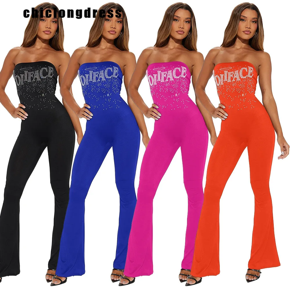 

Летний сексуальный женский комбинезон без бретелек, Модный женский комбинезон с алмазными буквами, без бретелек, с высокой талией, с колокольчиком