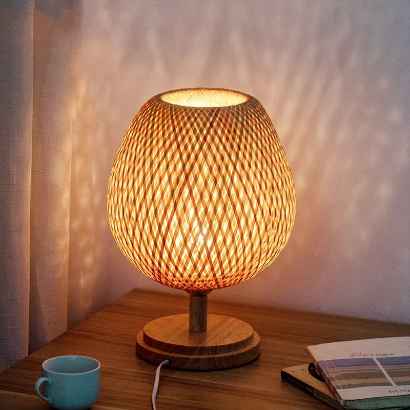 GUANSHAN Lampada da tavolo in bambù intrecciato Stile Zen Paralume in
