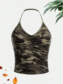 Top corto da donna con stampa mimetica, scollo a V, arricciato, senza maniche, stile casual