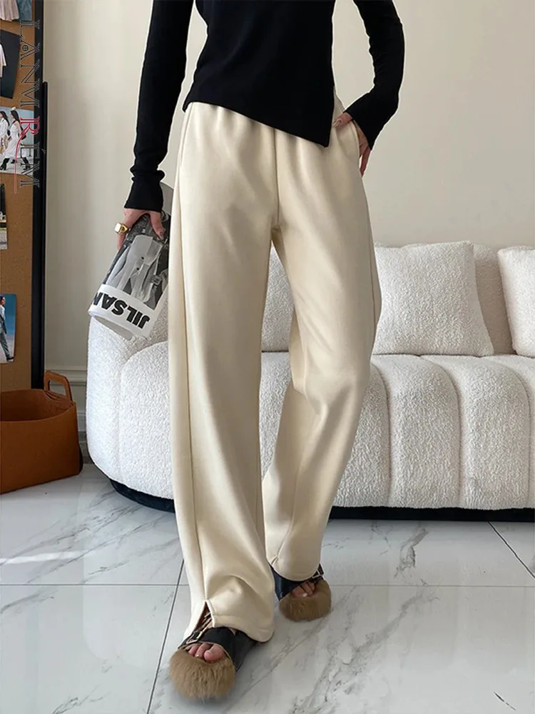 

[LANMREM] Solid Minimalism Thick Warm Split Pants For Women Elastic High Waist Wide Leg Trousers 2023 Winter New 26D7381