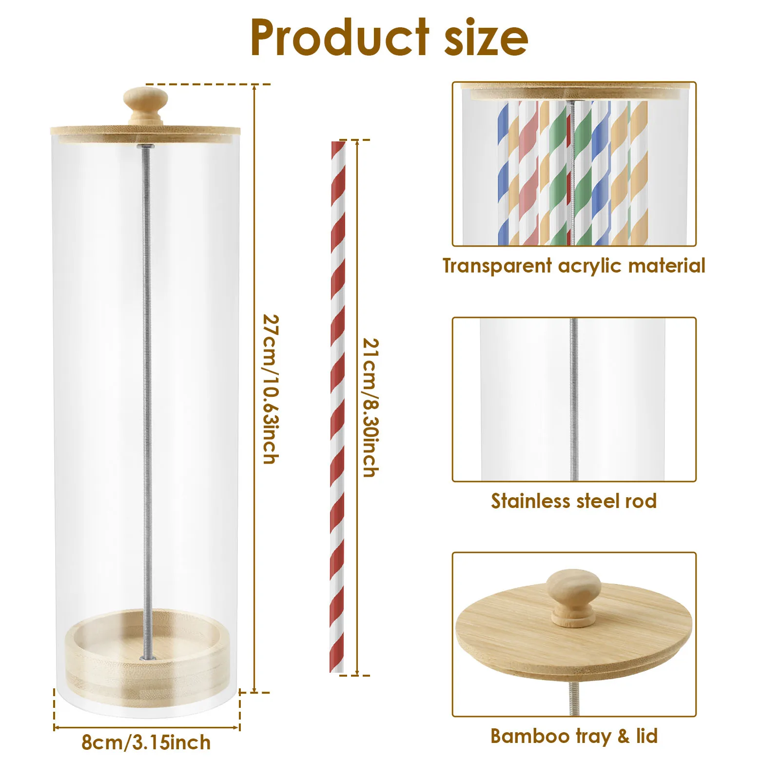 Clear Acrylic Straw Holder Organizer With Wood Lid For Kitchen Storage