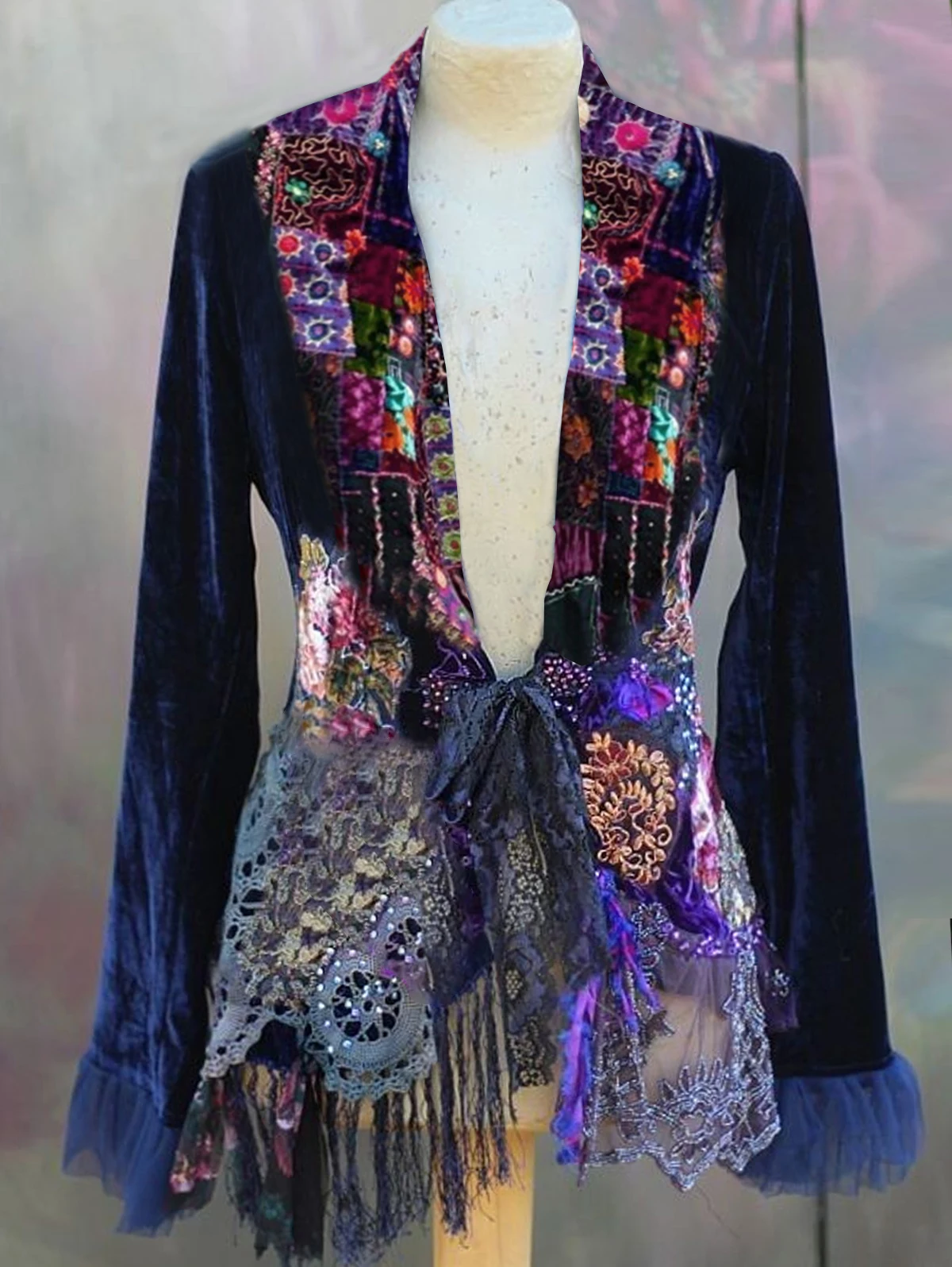 Women's Velvet Jacket 2025 Contrast Chic Buttons Vintage Patchwork Guipure Lace Bowknot Asymmetric Long Sleeve Loose Top