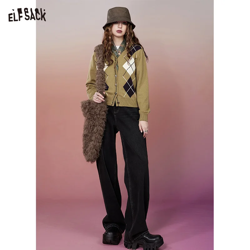 ELFSACK Straight Baggy Jeans Women 2023 Winter High Waist Plus Size Korean Fashion Trousers
