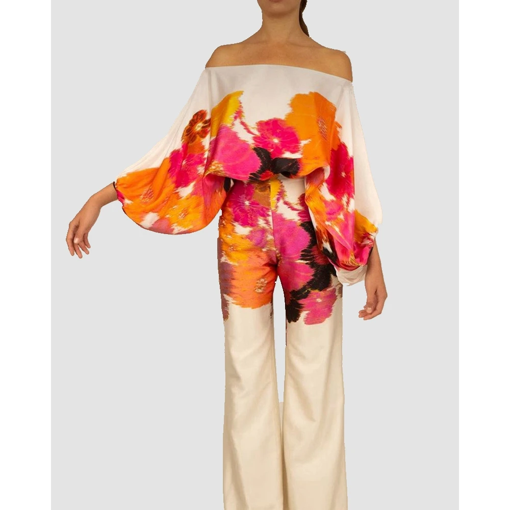 Elegant Women Off Shoulder Skew Neck Print Long Sleeve Top & High Waist Pants Set Female Two Pieces Suit Set Casual Streetwear