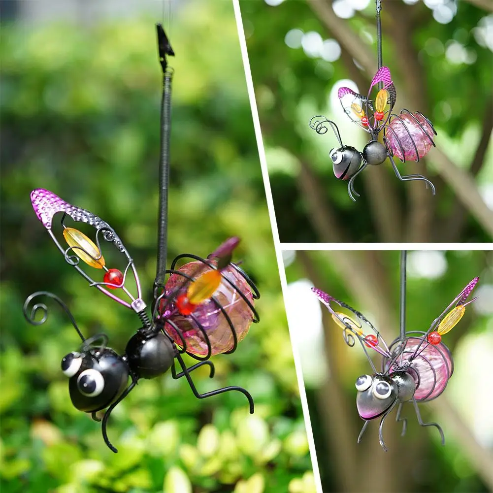 Solar Iron Insect Statue With LED Fairy Light Outdoor Waterproof Hanging Tree Ornament For Fence Yard Courtyard Garden Art Decor