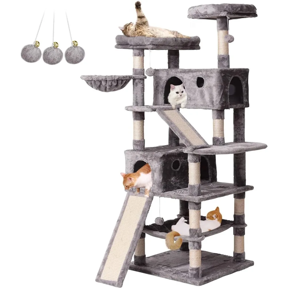 

MQ Cat Tree Tower 70.1 in, Multi Level Scratching Post with Condos, Ladders, Basket, Hammock & Plush Perches