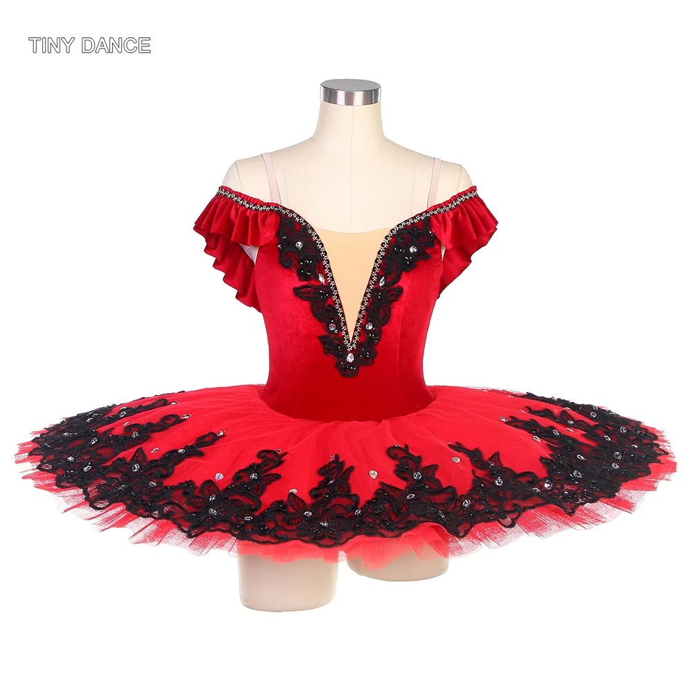 

Off Shoulder Professional Ballet Tutu Red Velvet Bodice with 7 Layers of Stiff Tulle Pancake Tutus Ballerina Dance Tutus BLL501