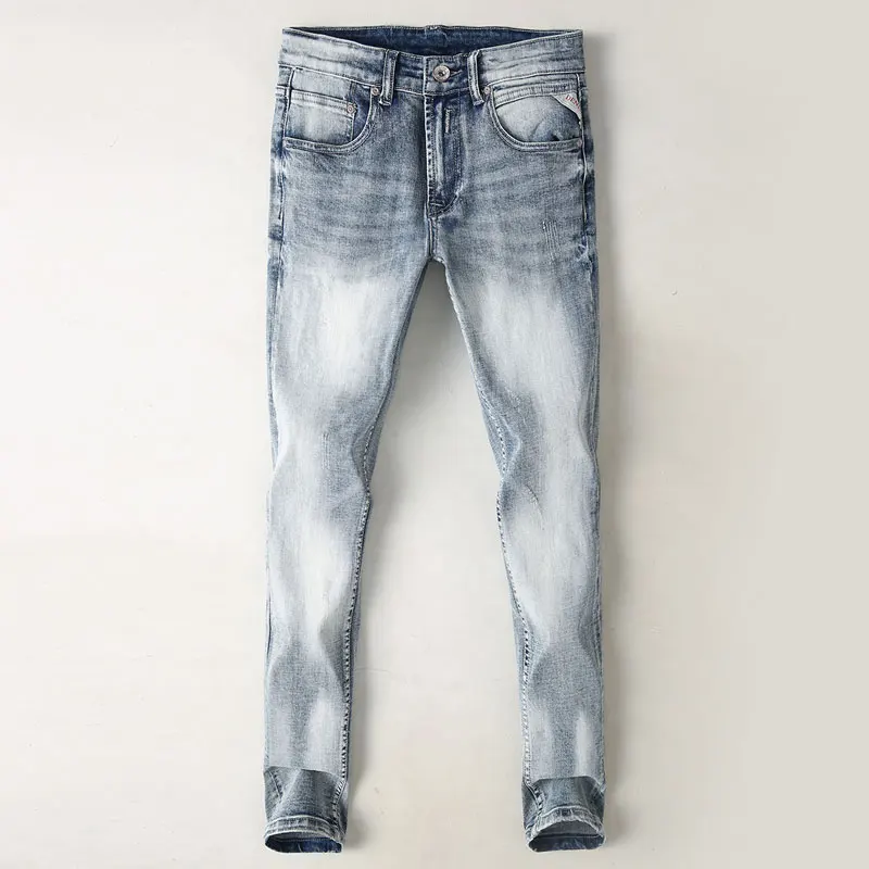 Italian Style Fashion Men Jeans Retro Light Gray Blue Elastic Stretch Ripped Jeans Men Slim Fit Vintage Designer Denim Pants