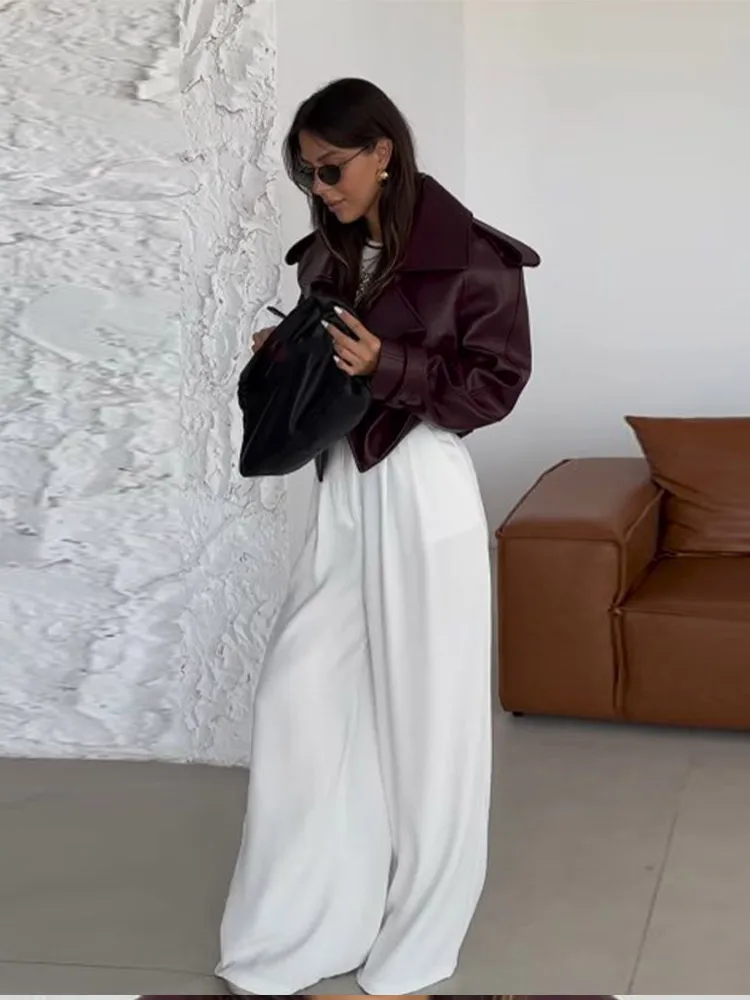 Elegant Burgundy One Button Leather Overcoats For Women Fashion Flip Pockets Loose Solid Jackets 2024 Lady Chic Street Outerwear 3