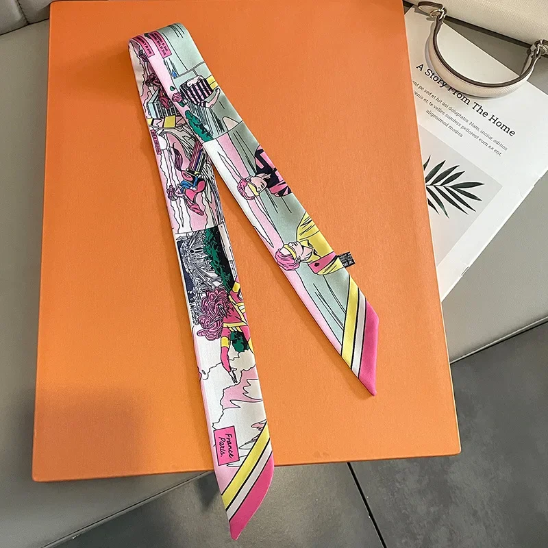 5x88CM Women New Silk Skinny Scarf Headscarf Fashion Luxury Chain Print Small Hair Scarves Long Band Lady Decorative Ties 5