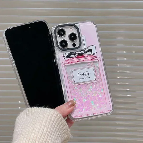 Transparent Border Silver Quicksand Perfume Bottle iPhone 12 13 14 15 Pro Max Case - Protective iPhone Case