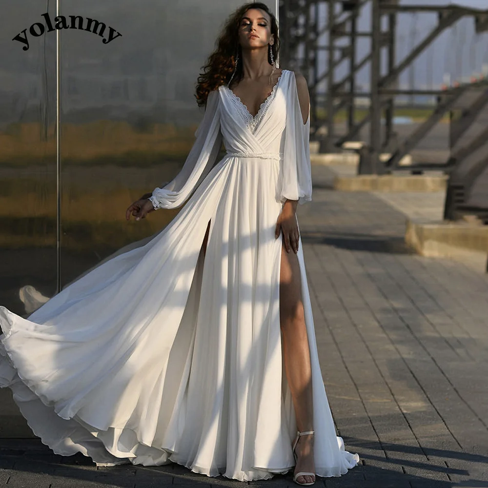 

YOLANMY Elegant Deep V-Neck Wedding Gown For Bride Zipper A-Line Full Sleeve Backless Charming Side Slit Belt Robe De Mariée