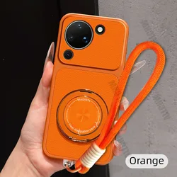 Magnetic Rotating Bracket Phone Case with Lanyard - PU Leather Soft Cover for HUAWEI Pura 90 Pro (Orange)