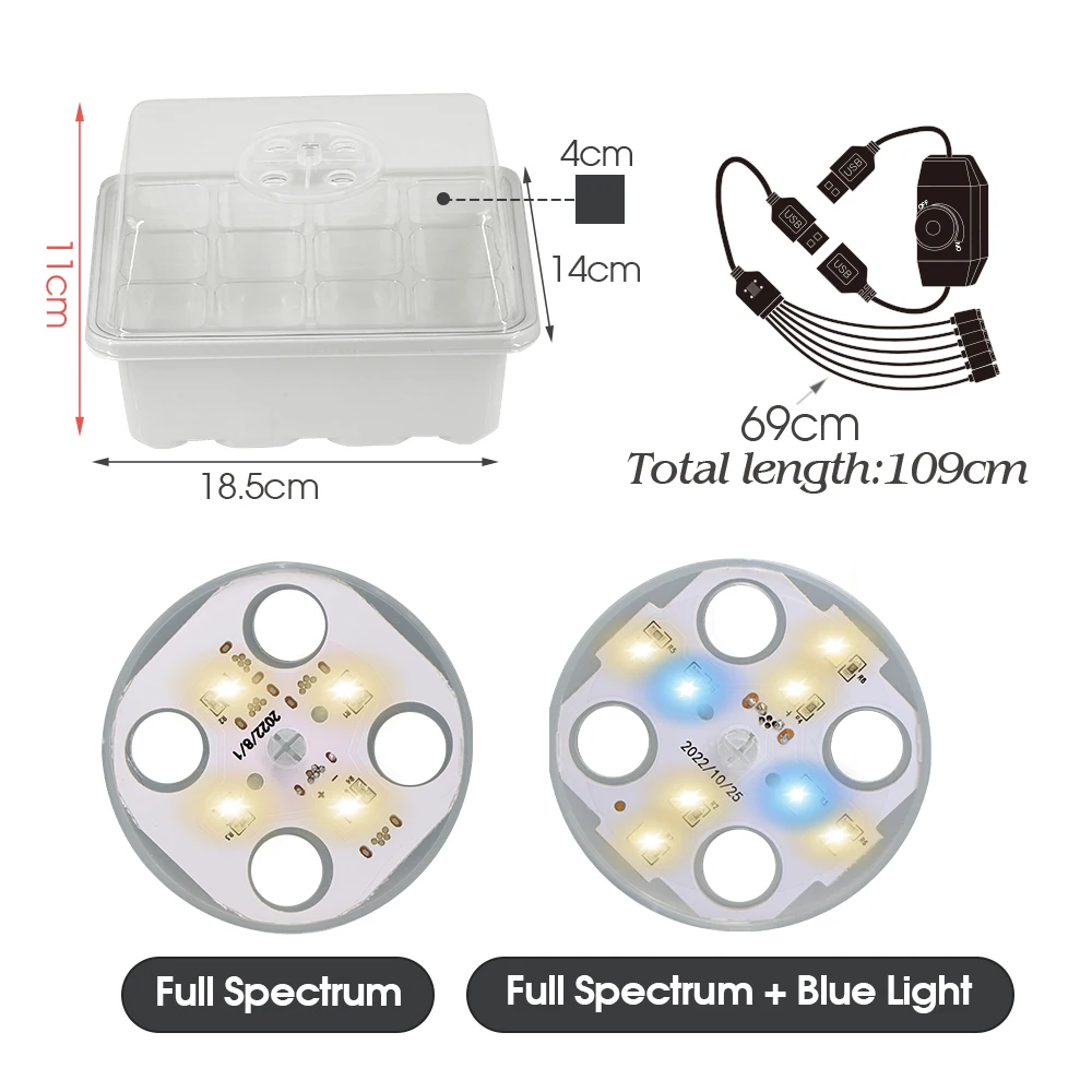11CM 12-Cell Seed Starter Tray with Full Spectrum LED Grow Light Plant Germination Grow Box with Hole Indoor Garden Seed Growing