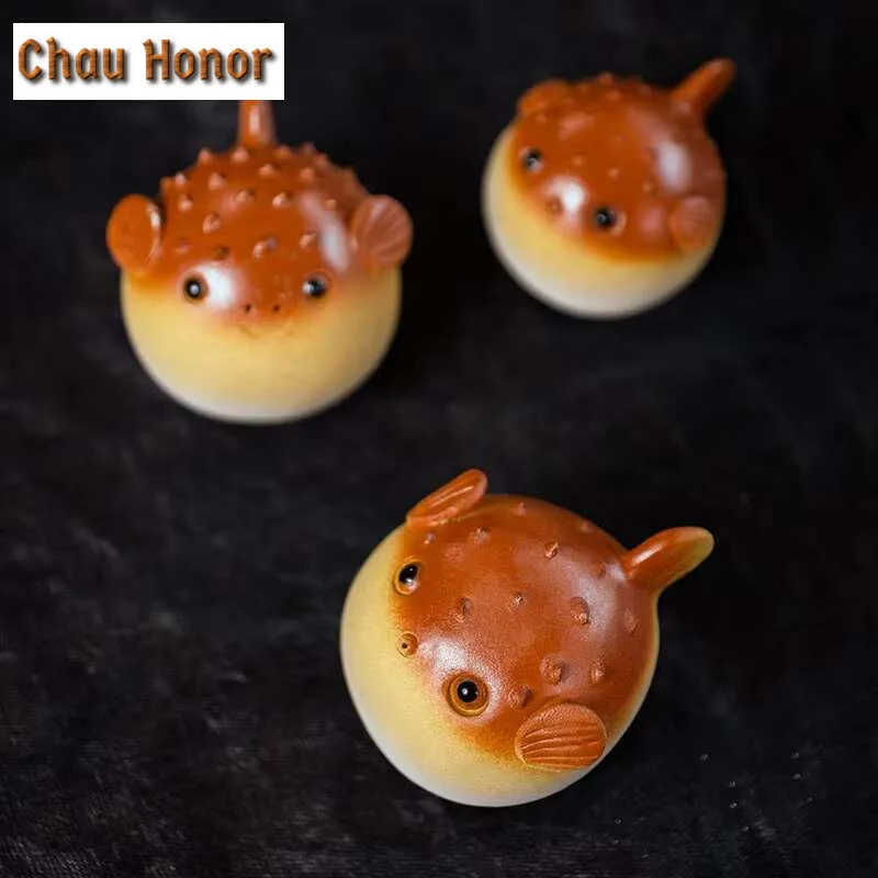 Yixing Handmade Sculpture Purple Clay Fish Tea Pet Cute Globefish Statue Ornaments Tea Figurine Chinese Zisha Tea Set Decoration
