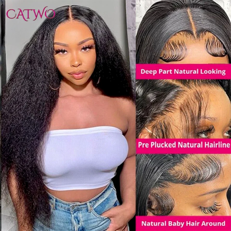 

Kinky Straight Human Hair Wigs Yaki Straight 13x6 HD Transparent Lace Front Wig For Women Peruvian Remy Hair Lace Frontal 13x4