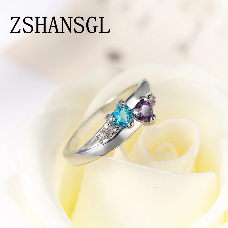 Anillo de plata auténtica para mujer, joyería de lujo con doble Corazón de amor, Circonia cúbica transparente, color plateado