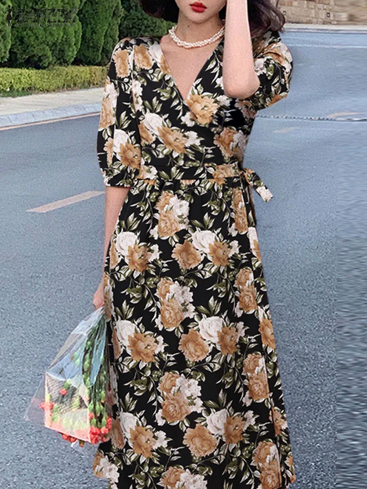 

ZANZEA Women Floral Print Wrap Dress Elegant Half Sleeve Holiday Sundress Sexy Lady V Neck Beach Long Vestidos 2023 Summer Robes