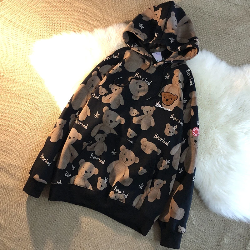 Winter Plush Thick Loose Lazy Ulzzang Ins Oversized Korean Sweatshirt Ladies Sports Tops Women's Bear Print Embroidered Hoodie