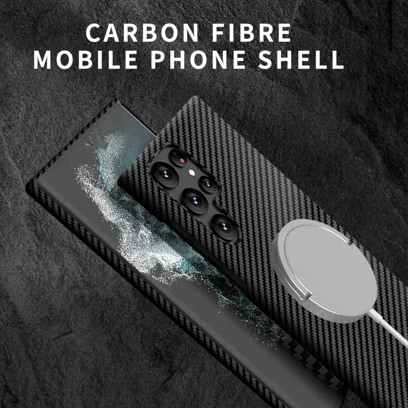 Carbon Fiber Texture Magnetic Ultra Slim Protective Case with Matte MagSafe Ring Armor Cover