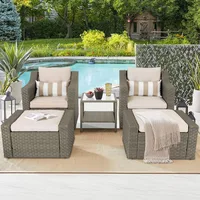 5 Piece Patio Conversation Set Outdoor Furniture Set, Grey Wicker Lounge Chair with Ottoman Footrest, W/Coffee Table & Cushions 2
