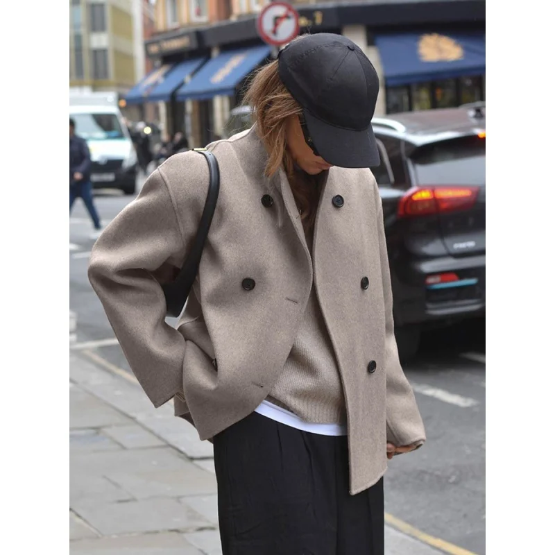 Design Brown Double-Breasted Woolen Coat Women's Winter Thickened Woolen Coat Mid-Length 2024 Women's Fengsb