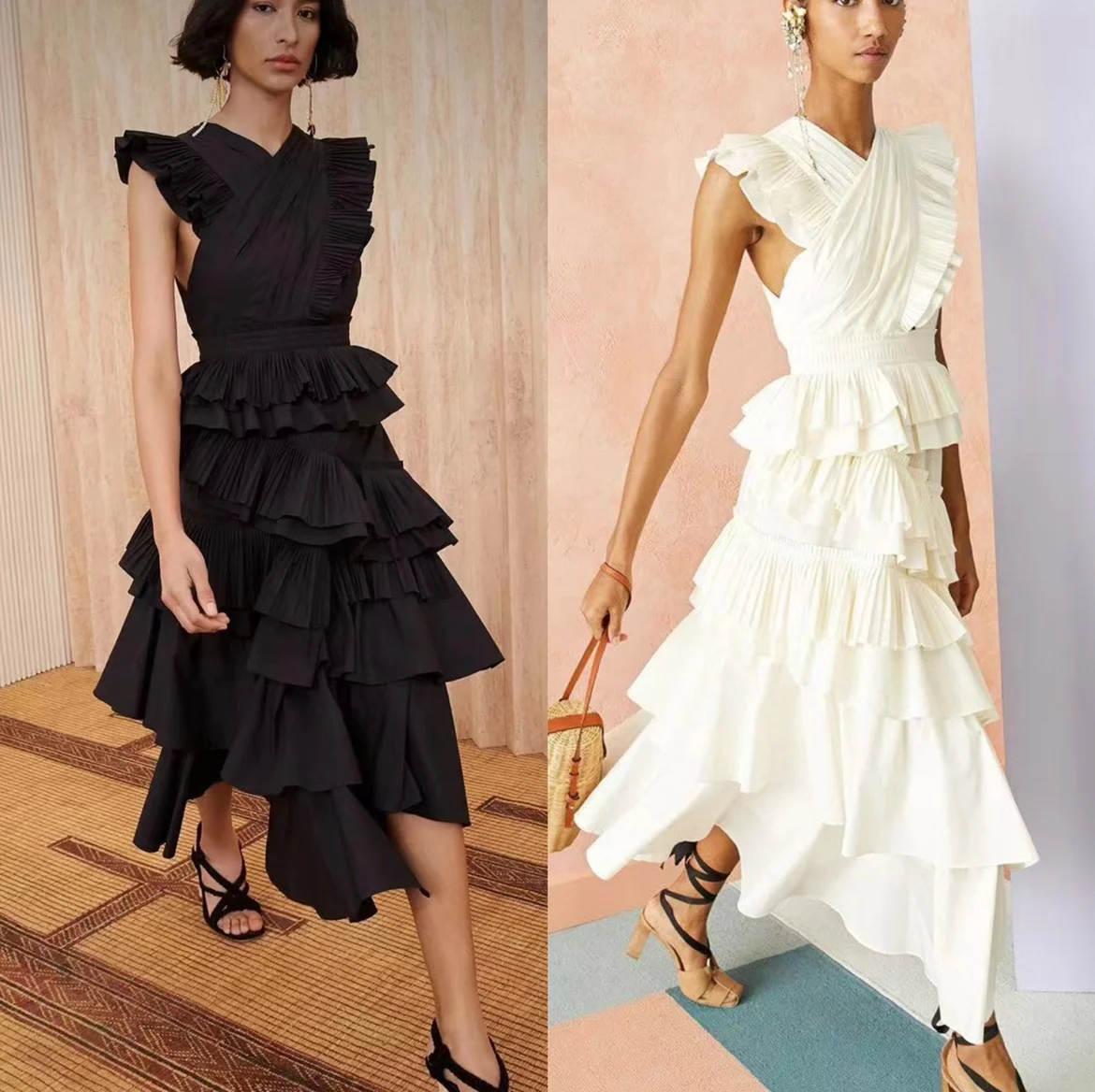 

Women Casual Tierred Cascading Ruffles Pleated Irregular Flying Sleeve Midi Dress