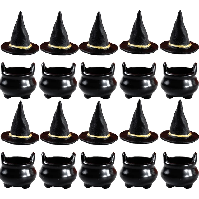 Lot De 24 Mini Chapeaux De Sorcière Et Balais - Résine Et Bois - Décoration Halloween, Fête, Artisanat