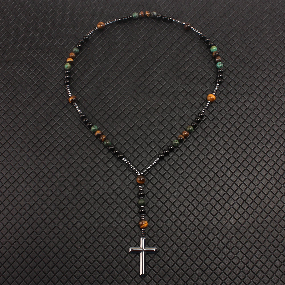 Natural Stone Africa Turquoise and Tiger-eye Beads Cross Pendant Necklace Rosary Men Women