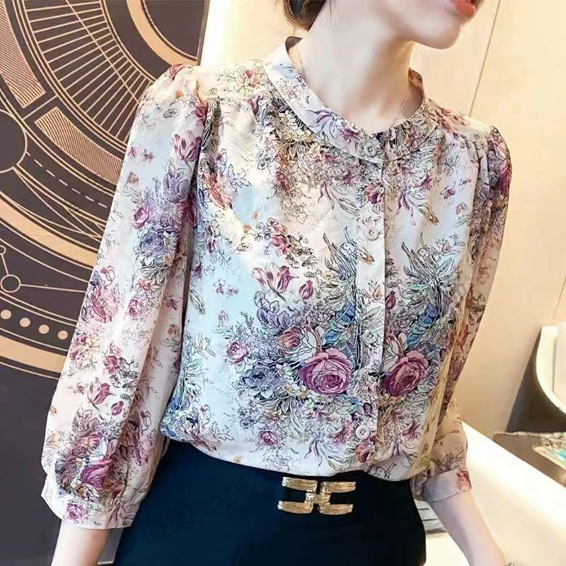 Vintage Elegant Women's Chiffon Shirt O-Neck Lantern Sleeve Printed Top Casual Office Lady trend Slim Shirts and Blouses French