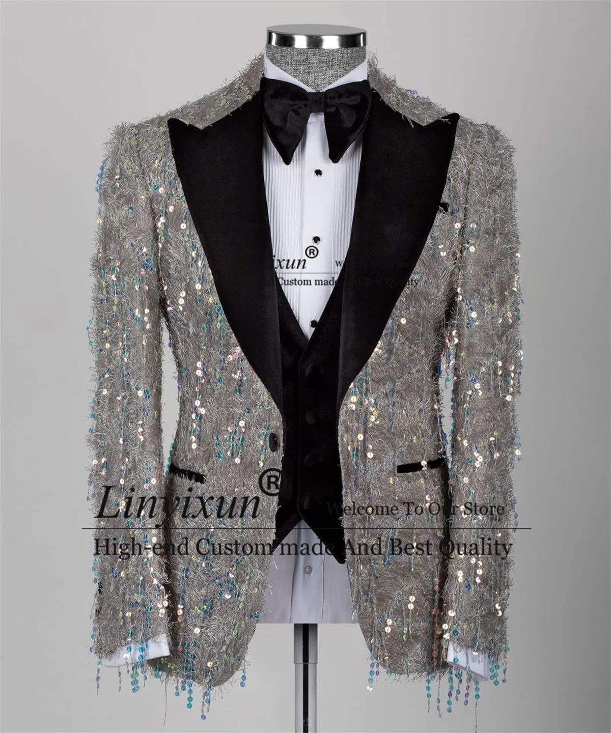 Glitter Sequin Groom Wedding Tuxedo Peaked Lapel Men Suit 3 Pieces Sets Dinner Party Male Prom Blazers Customized Coustome Homme 2
