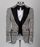 Glitter Sequin Groom Wedding Tuxedo Peaked Lapel Men Suit 3 Pieces Sets Dinner Party Male Prom Blazers Customized Coustome Homme 2
