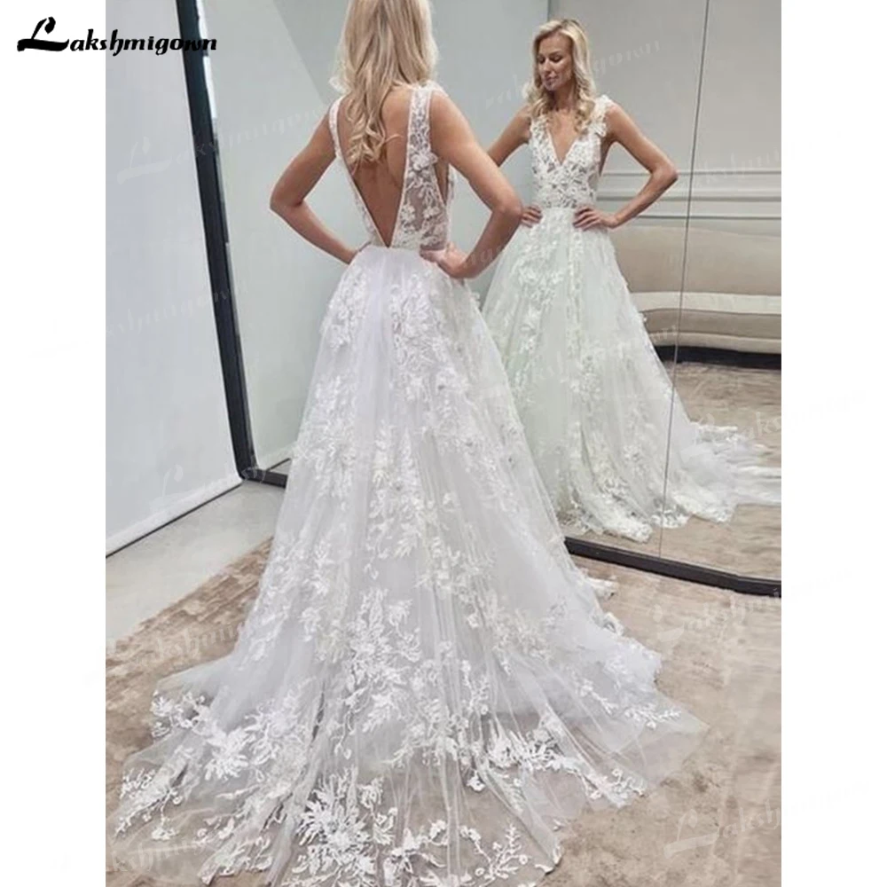 

A Line Deep V Neck Backless White Lace Wedding Dresses Prom Evening Dresses Sleeveless Civil Bridal Dress Robe De Mariee