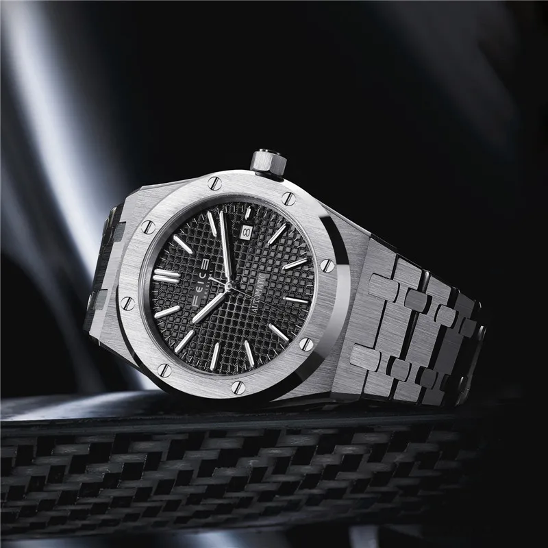 FEICE New Men's Automatic Mechanical Watch Skeleton Luminous Watch Waterproof Sapphire Mirror Luxury Stainless Steel Wristwatch 2