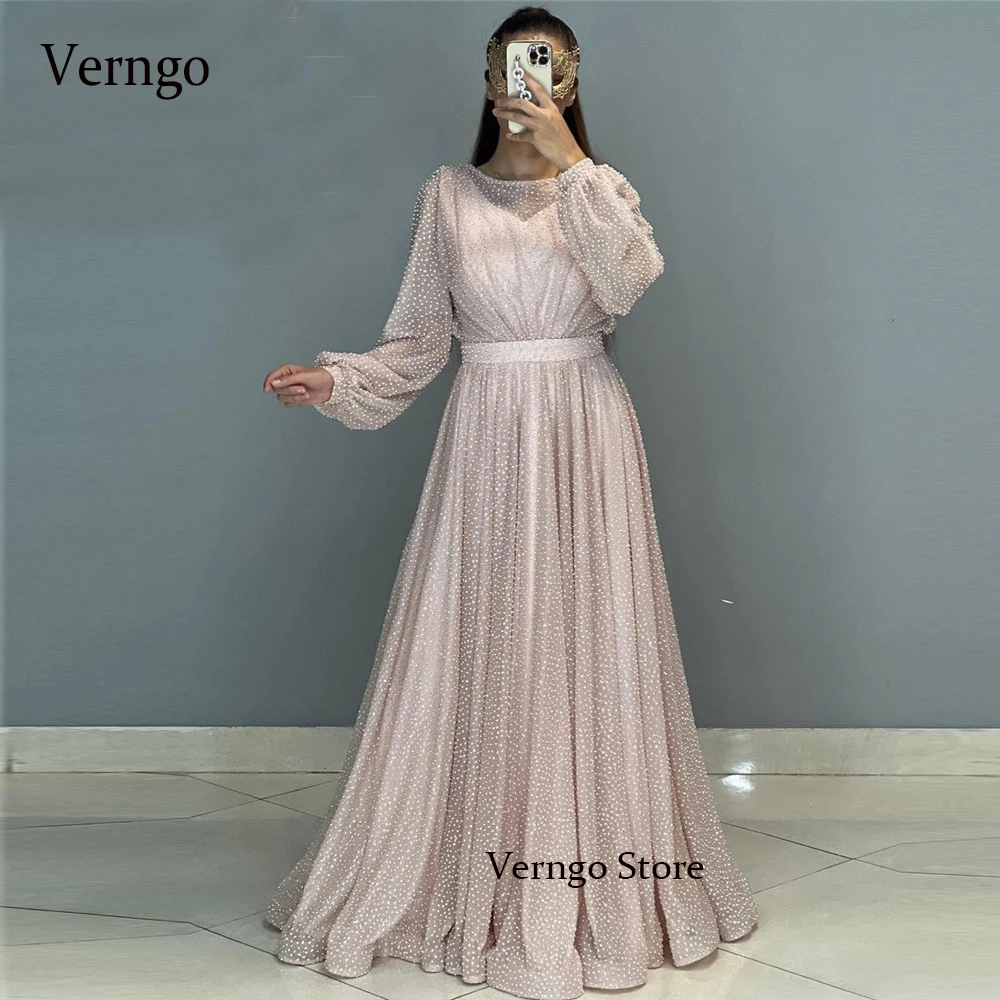 

Verngo New A Line Light Baby Pink Polka Dotted Tulle Formal Evening Dresses Puff Long Sleeves Criss Cross Straps Prom Gowns