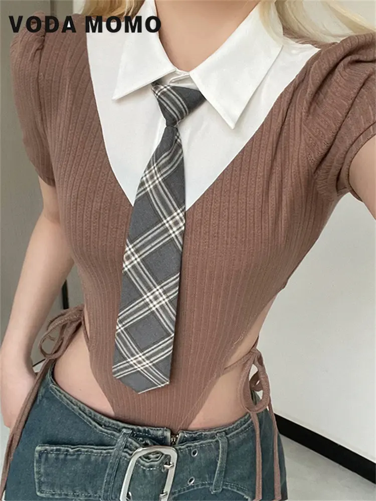 

Summer Fashion Y2K Tie Slim Tops Korean Fake Two Pieces Women Knit Patchwork Blouses Contrast Color Patchwork Irregular Female