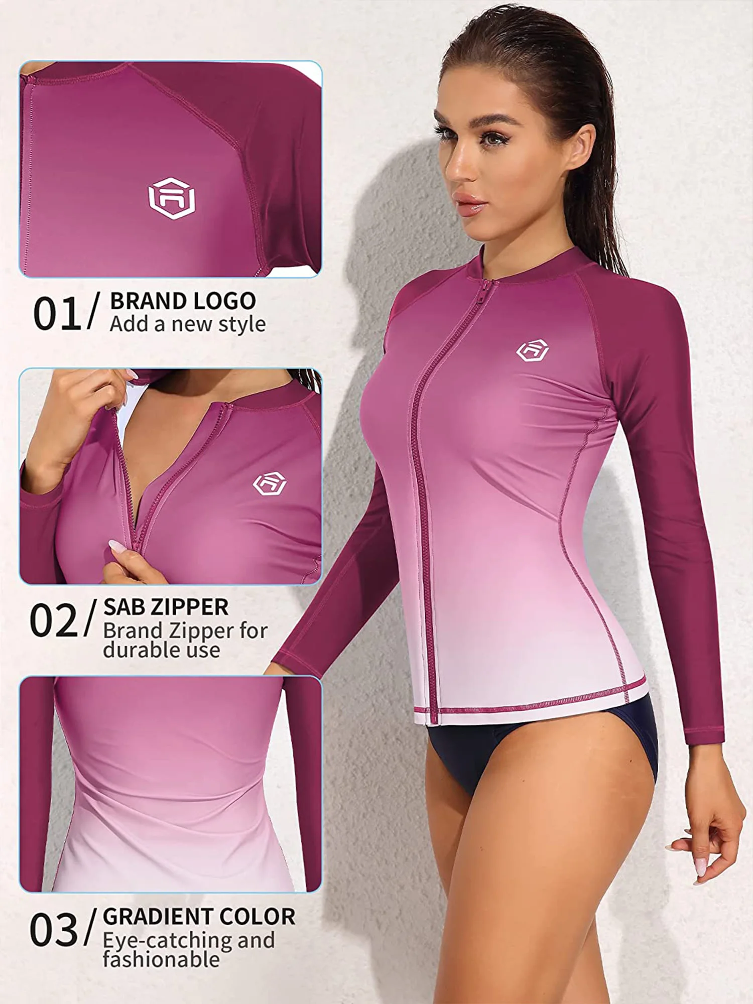 Attraco Women Rash Guard Long Sleeves Zipper Quick Dry Soft Swimming Shirt Gradients Color UPF 50+ Crew Neck Surfing Tops