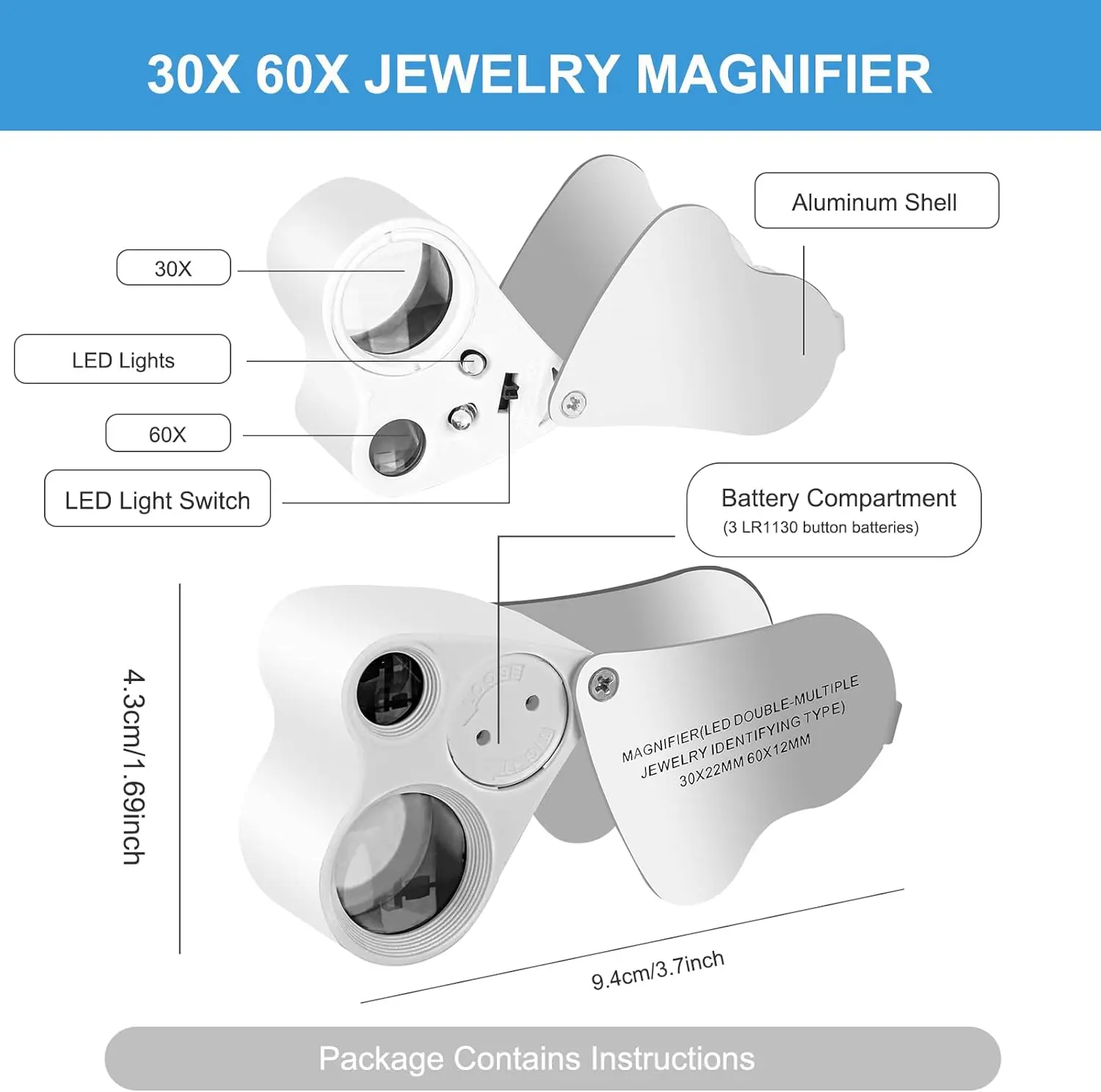 Jewelry Magnifier With Lights 30X 60X Magnification Portable Reading Pocket Magnifier Loupe