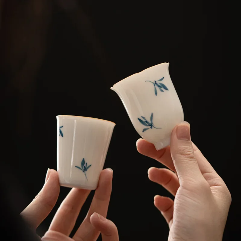 Hand Painted Phalaenopsis Tea Cup Single Cup Household Tea Savoring Porcelain Kung Fu Set White Fragrance-Smelling