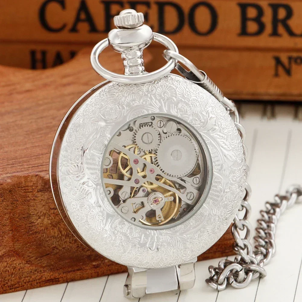 Cool Industrial Style Silver Mechanical Hand Wind Pocket Watch Roman Numeral Skeleton Vintage Pendant Clock Woman Man Watch