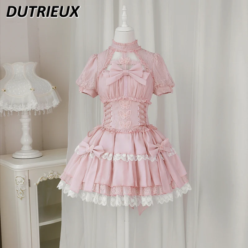 

Lolita Sweet Cute Girl Pink Color Dress Daily Dress Doll OP Kawaii Lace Short Sleeve Dress Japanese Sweet Lolita Op Dress