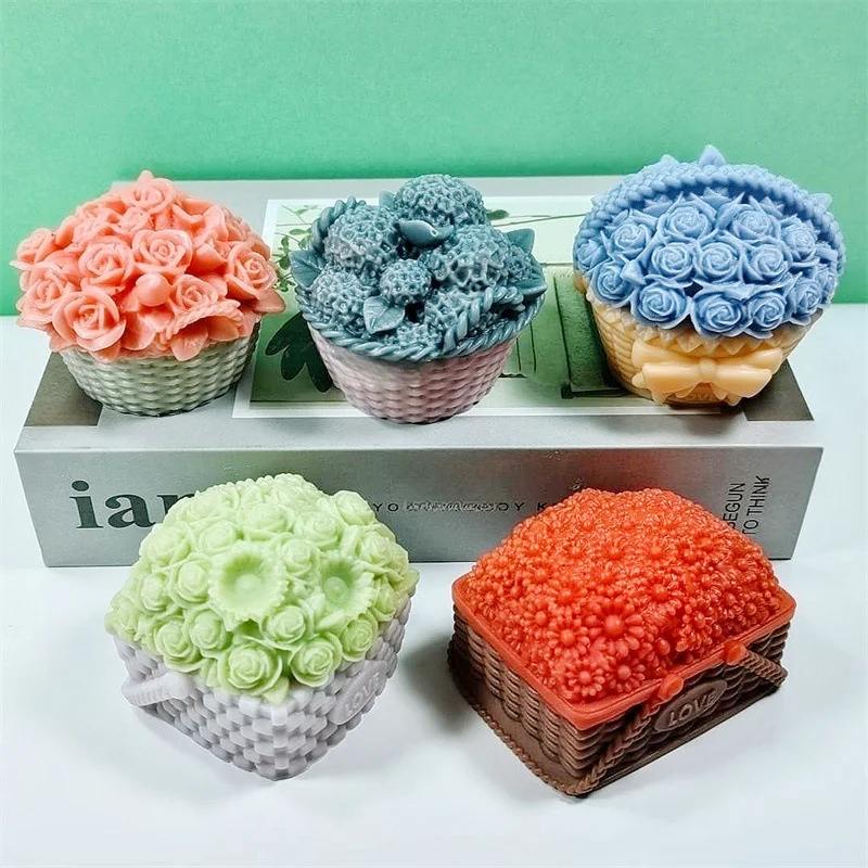 3D Rose Flower Basket Candle Silicone Mold DIY Flower Soap Plaster Epoxy Making Handmade Chocolate Baking Tools Home Decor Gifts