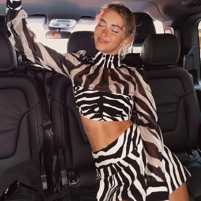 SKMY Women Clothing Summer New Turtleneck Sexy Mesh Two Piece Set Zebra Print Long Sleeve Crop Top Skirts Sets Night Club Outfit