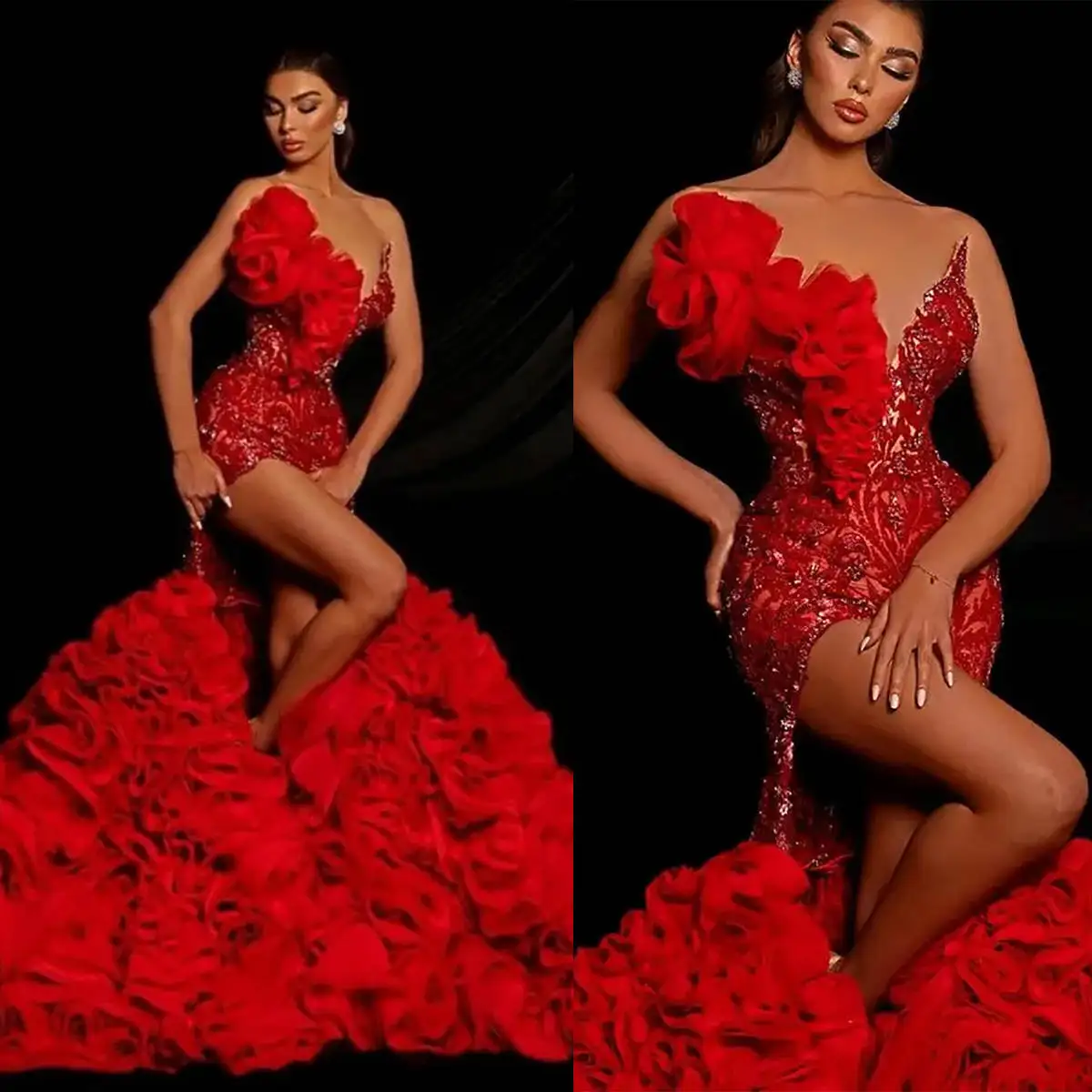 

Red Sheath Gown Wedding Dresses Flowers Ruffles Lace Bridal Gowns Strapless Big Size Vestidos De Novia Custom Size Colour