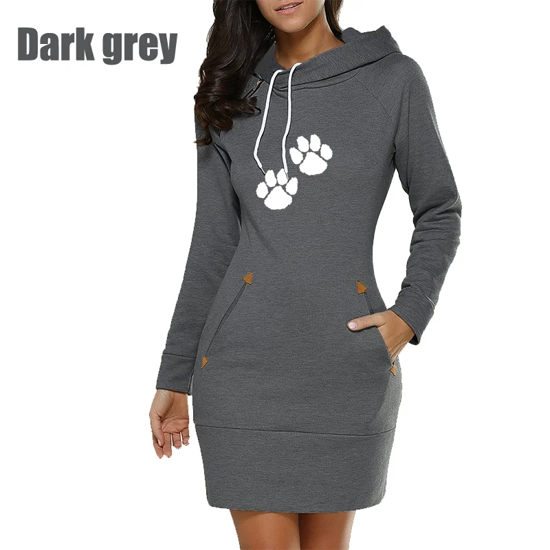 Women's Hoodies Dress Cat Paw Printed Spring Autumn Knee-length Dress Hooded Warm Fashion Casual Pocket Female Sweater Dress