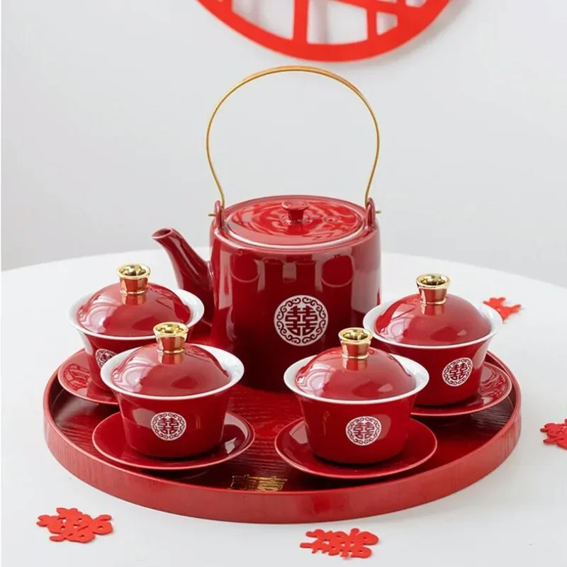 

Китайский красный керамический чайный набор Gaiwan Чайник круглый поднос чайник ручной работы домашние свадебные наборы чайников аксессуары роскошные подарки